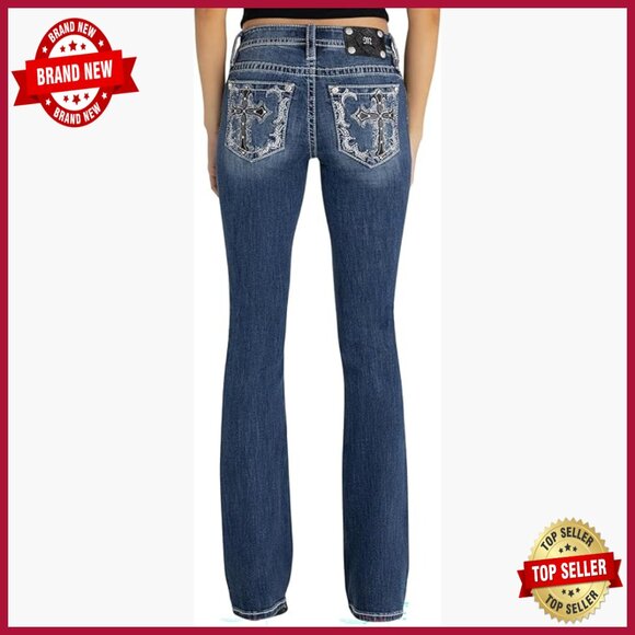 Mid Rise Bootcut Jeans with Rhinestone Embellishments 30